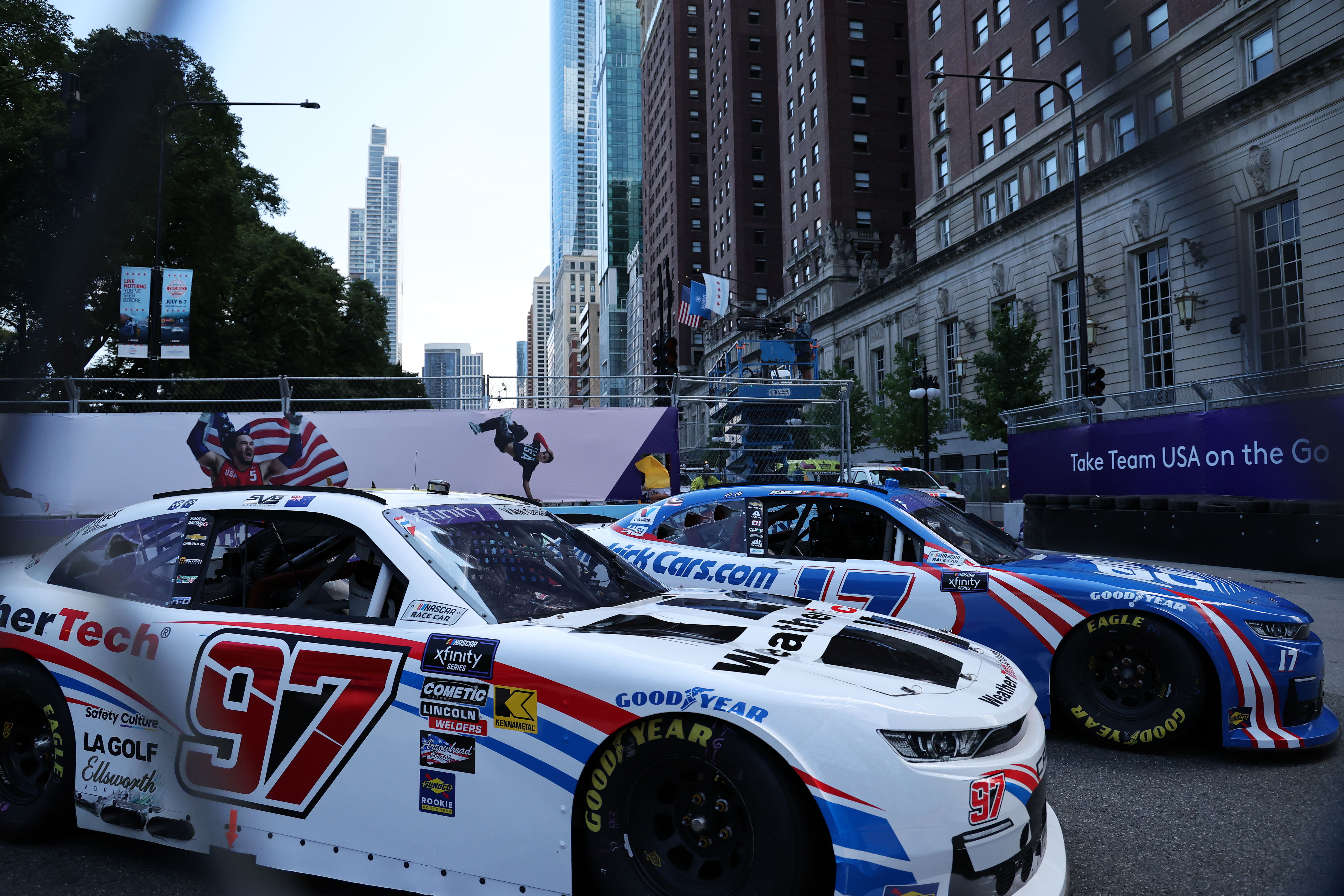 Shane Van Gisbergen (97) and Kyle Larson (17) during The Loop 121 at the Chicago Street Race. Source: Imagn